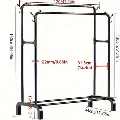 Double-bar clothes hanger for coats, shirts, dresses, and scarves - lightweight iron rack in black/white