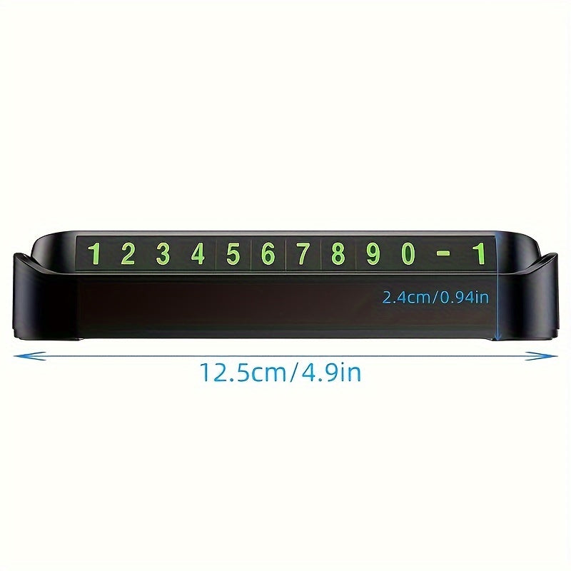 Night-visible, durable plastic dashboard parking number sign for easy contact.