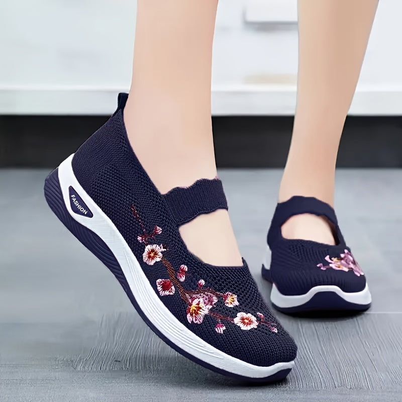 Women's Breathable Knit Sneakers with Floral Design, Non-Slip Sole, Lightweight, in Multiple Colors.