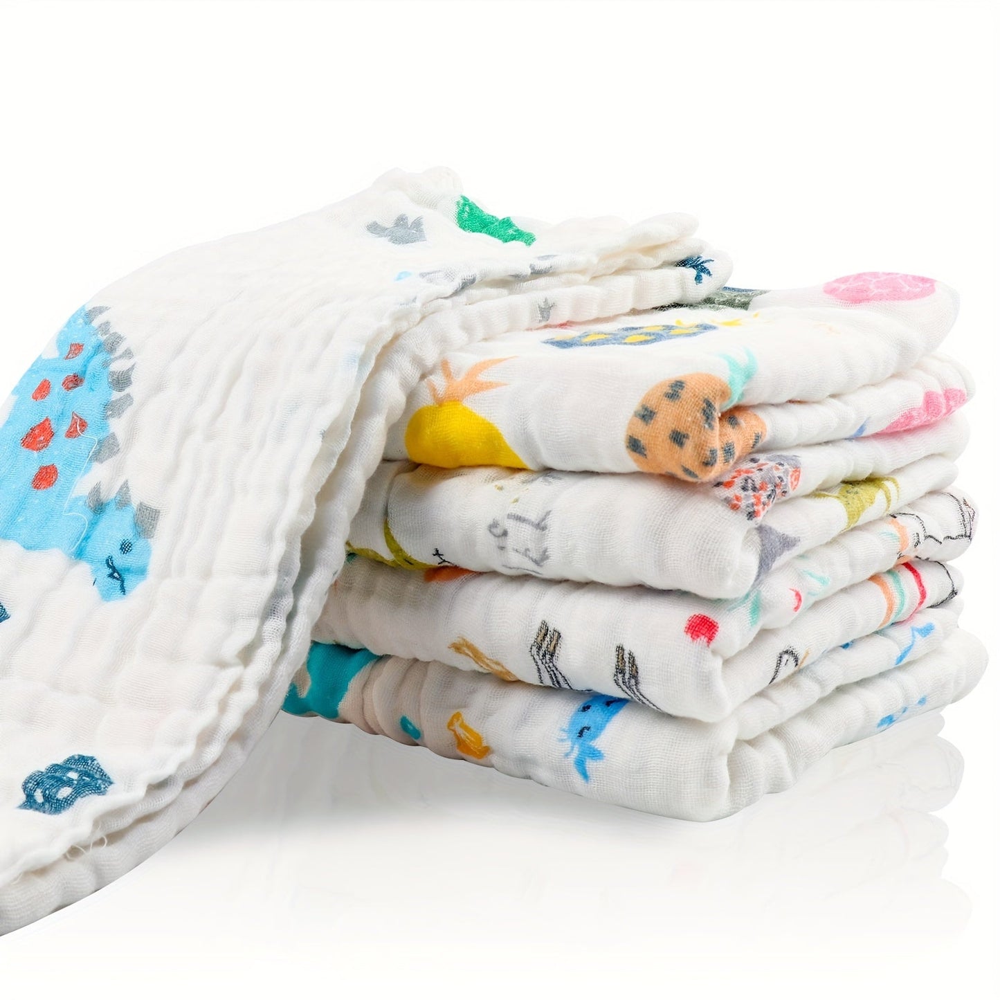 Five pieces of 70x70cm soft and absorbent cotton muslin towels, featuring a 6-layer design perfect for use as bath or face towels.