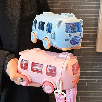 Youngsters' bus-shaped water bottle with straw - perfect for school and travel.