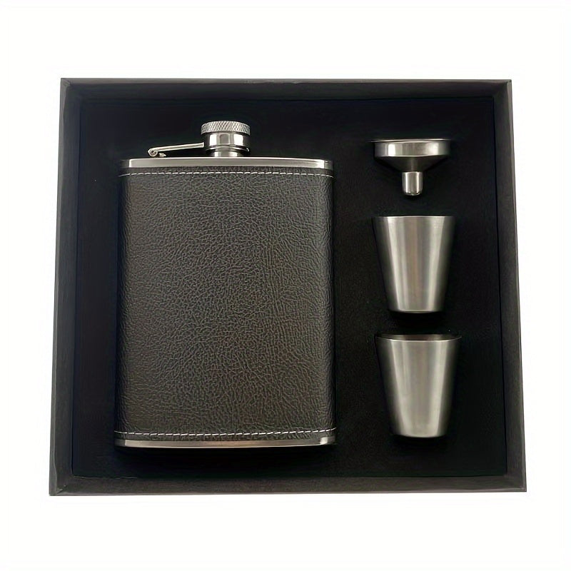 One-piece Black Flask Set includes 1 flask, 2 wine cups, and is made of stainless steel with a soft touch leather wrap. This leak-proof gift set is perfect for giving to both men and women and is ideal for whiskey, rum, and vodka.