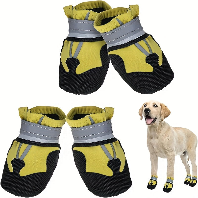 4 waterproof dog boots with reflective straps keep your dog's paws safe and dry.