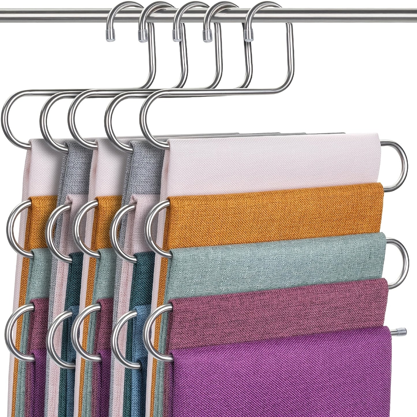 5-Tier Stainless Steel Pants Hanger for Closet Storage, S-Shaped, Non-Slip, Ideal for Jeans & Trousers, Space-Saving Design for Neat Wardrobe Organization.