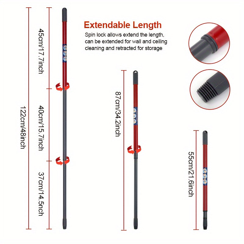 Получите телескопическую ручку для швабры GHUICAN с 3 секциями для надежной прочности и максимального удобства при уборке - включает в себя прочную железную конструкцию, штангу швабры длиной 48 дюймов и необходимые аксессуары для уборки.