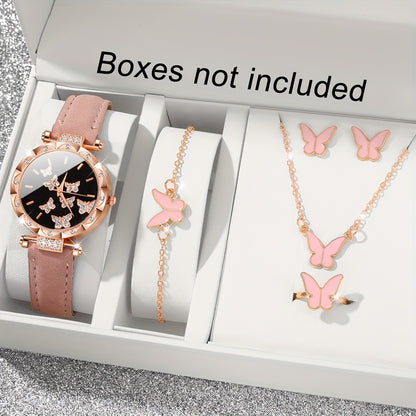 6-piece women's fashion watch set with a sweet pink butterfly quartz timepiece, round case, PU leather strap, zinc alloy case, non-rechargeable battery. Includes bracelet, earrings