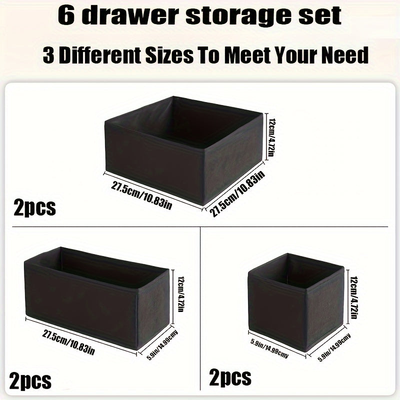 This 6-piece set of fabric drawer organizers is perfect for home organization. Each box is unfinished and foldable, making them versatile and easy to use. Suitable for ages 14 and up, these weather-resistant storage boxes are under 3.2 cubic feet and