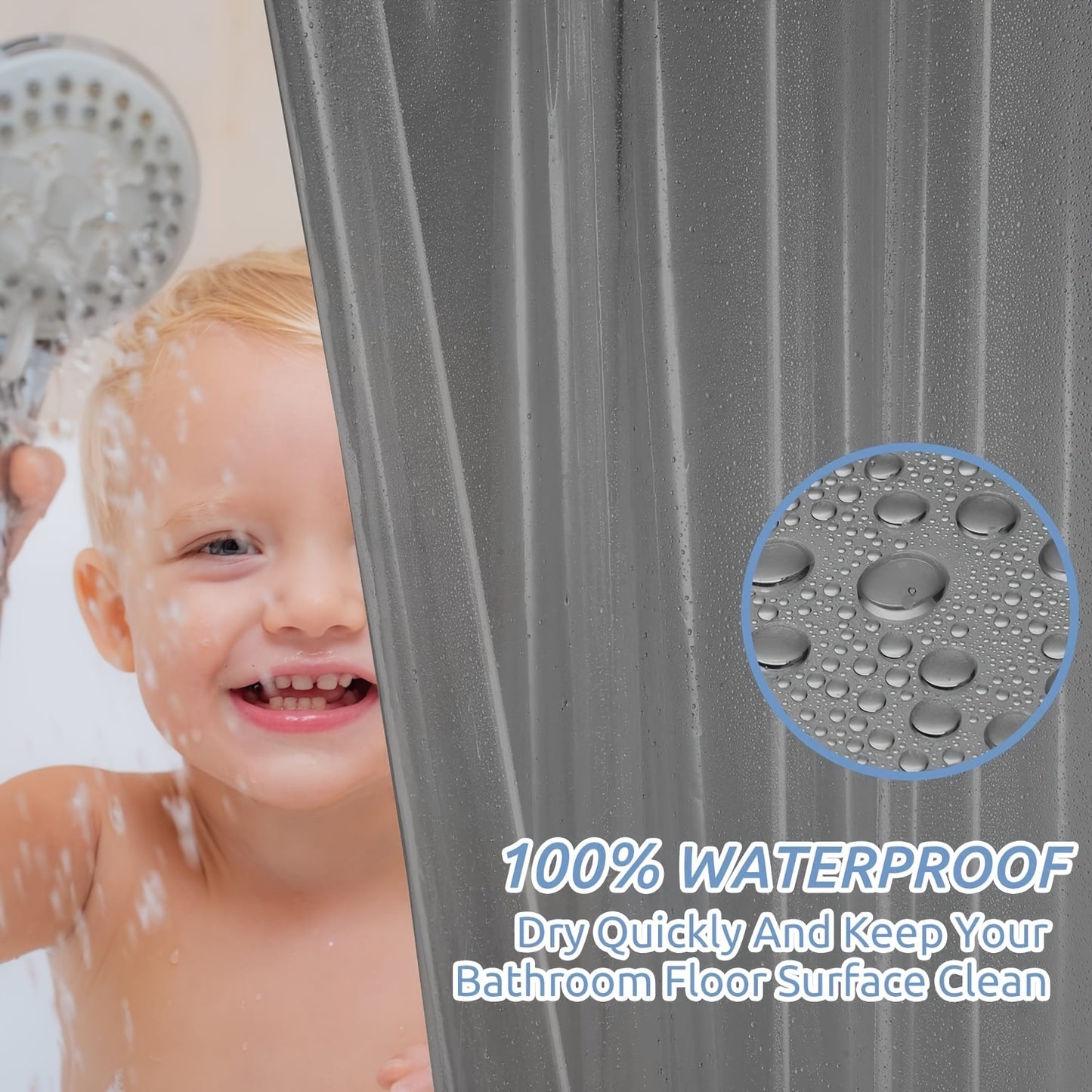 1 PEVA shower curtain liner with 12 plastic hooks, waterproof, lightweight, 180.34x180.34cm, for bathtub partition.