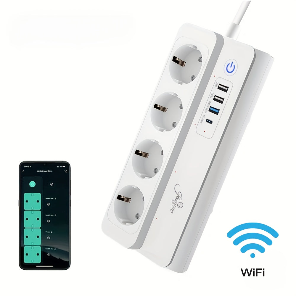 WiFi power strip with fast charging, voice control compatible with Alexa and Google Home, remote app control.