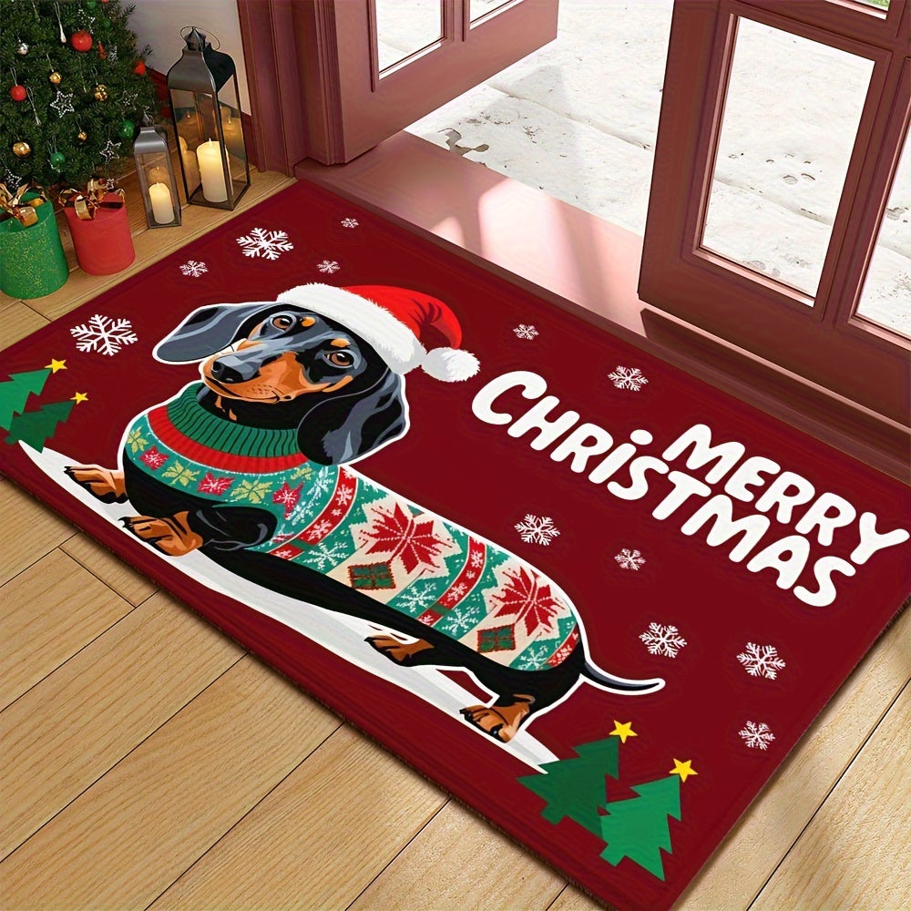 Welcoming Christmas Dachshund Doormat - Non-Slip, Easy-Clean Polyester Mat with Rubber Backing, Lightweight & Durable, Braided Rectangle Floor Mat for Home, Bathroom, Balcony - Festive Dog in Santa Hat for Holiday Decor