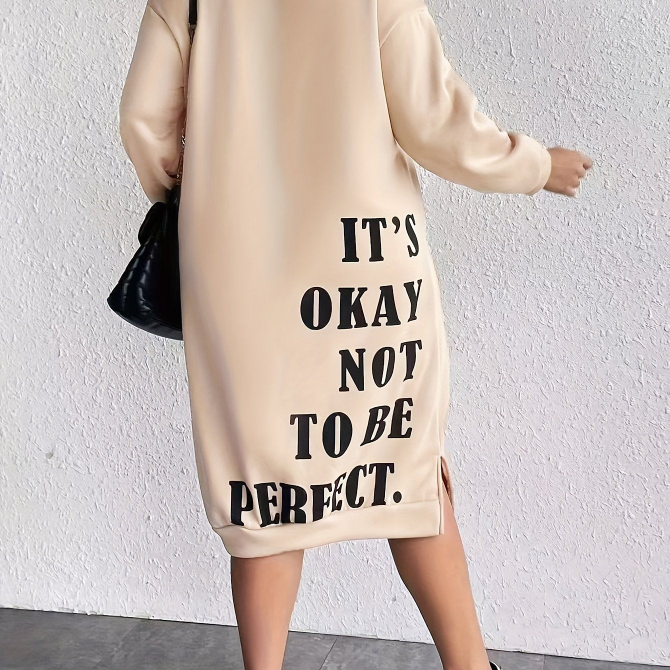 Plus Size Women's Slogan Print Casual Sweatshirt Dress with Long Sleeves and Side Split