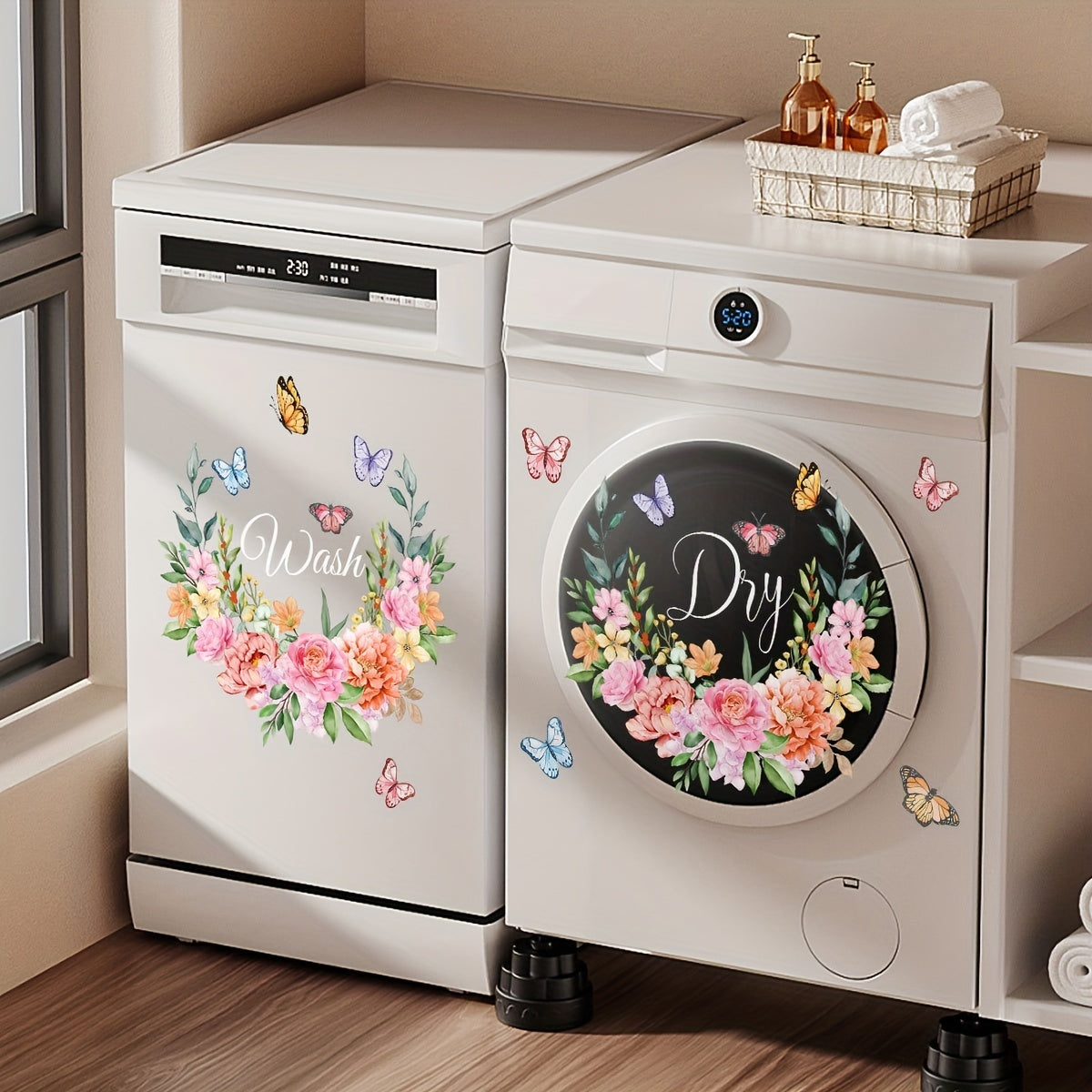 Набор из 2 наклеек Fresh Ring Flower Wash Dry Laundry Room для стиральной машины, декоративные наклейки на окна - 30*30 см, самоклеящиеся, двусторонняя печать - CT9004-YJ