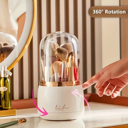 High-end 360-Degree Rotating Makeup Organizer with Dustproof compartments for Brushes, Lipsticks, and Eyebrow Pencils - Ideal for Bathroom Vanity.