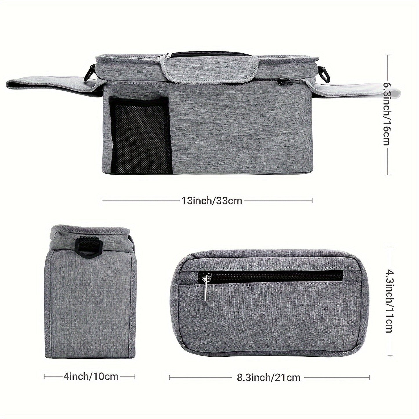 Black/Grey Universal Stroller Organizer for Moms, Features Insulated Cup Holder, Phone Pouch & Shoulder Strap. Fits Most Strollers and Pet Strollers. Durable Polyamide Material, Storage Hanging Bag Mommy Pack.