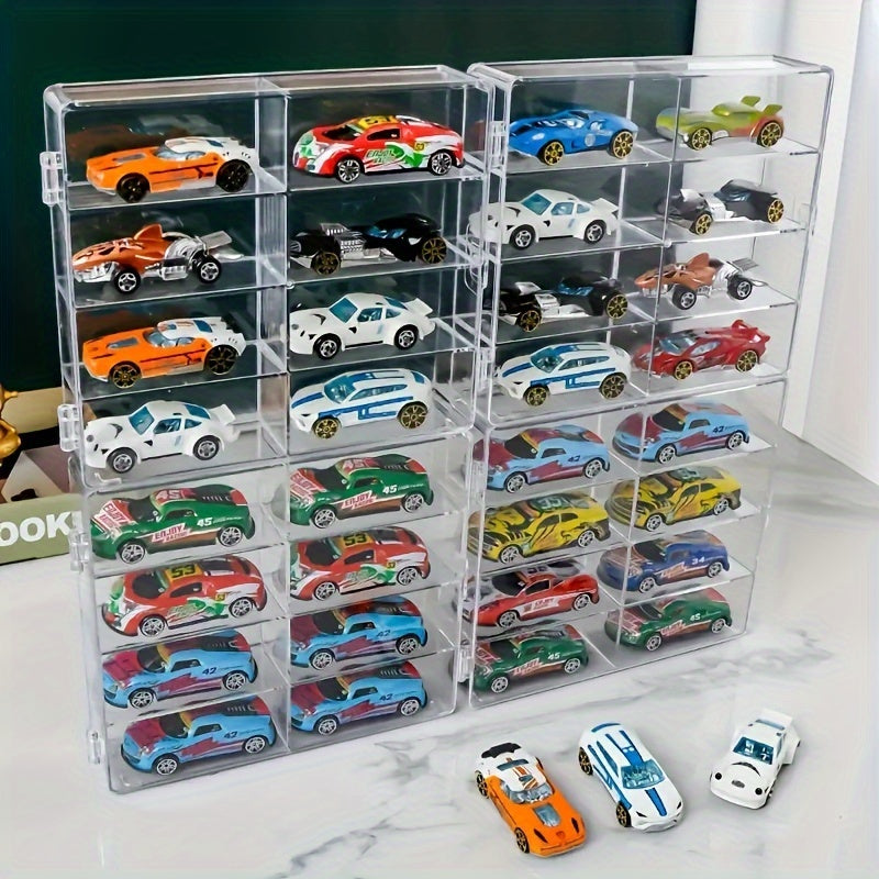 8-compartment toy car storage box with transparent organizer for alloy cars.