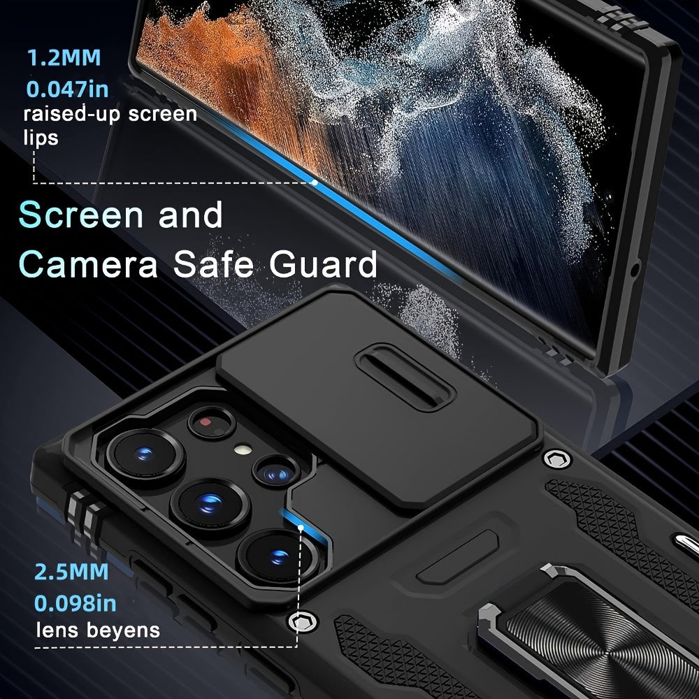 Protective case with slide camera cover and rotated ring kickstand for a variety of Samsung models, offering full camera protection.