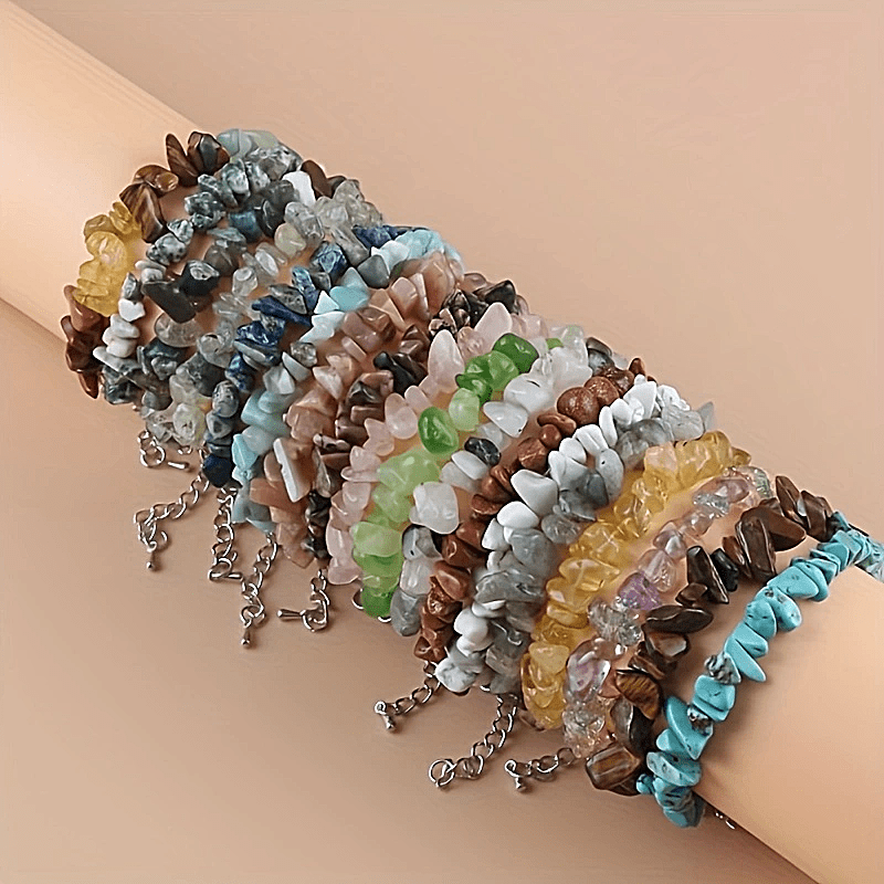 Set of 12 Natural Stone Bracelets, Includes Amethyst, Tiger Eye, and Obsidian, Adjustable Bracelets for Women, Stylish Hand Accessories