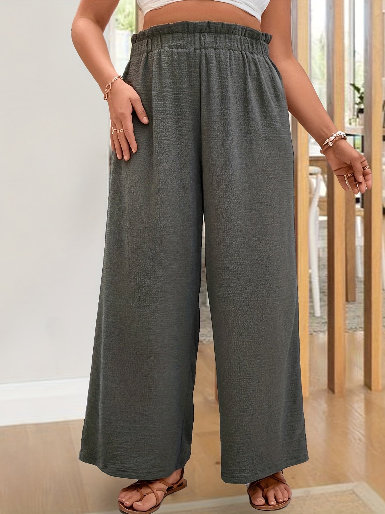 Women's Plus High Rise Wide Leg Pants with Stretch and Elastic Waist