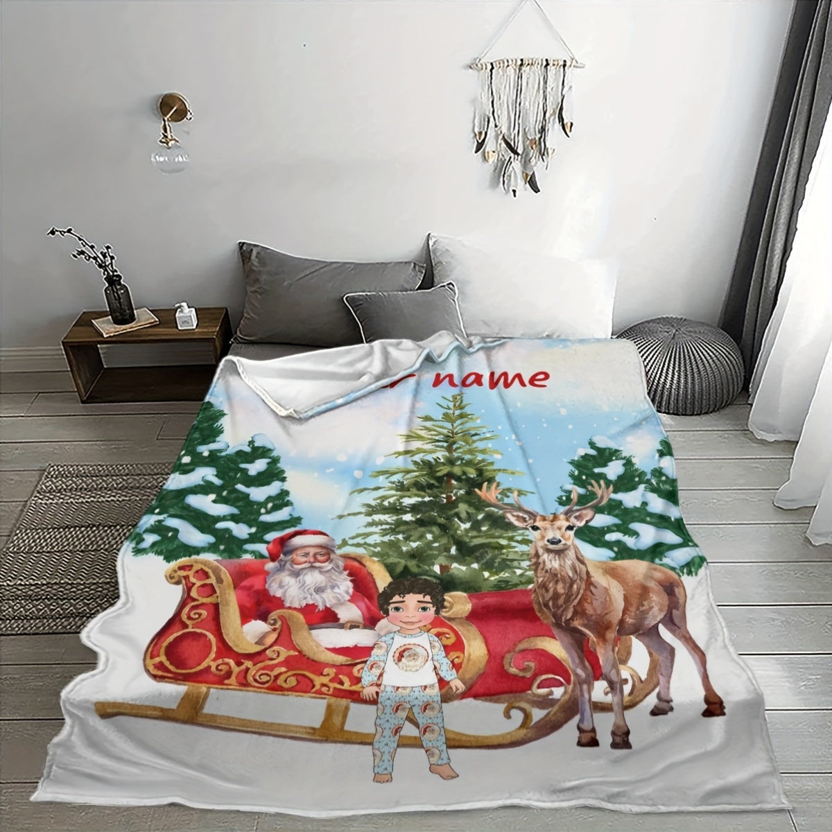 Warm and Cozy Polyester Flannel Fleece Throw Blanket with Customizable Christmas Style. This Multifunctional Decorative Blanket is perfect for all seasons with a Contemporary Style, Digital Print, Knitted design, and Polyester Lining. Available in Mixed