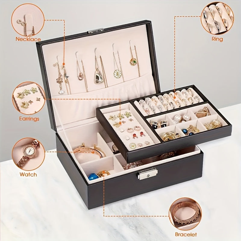 Leather jewelry box with removable tray, snap closure, and soft lining drawers. Oval organizer for necklaces, earrings, rings, bracelets, and watches. Great gift for women and girls.