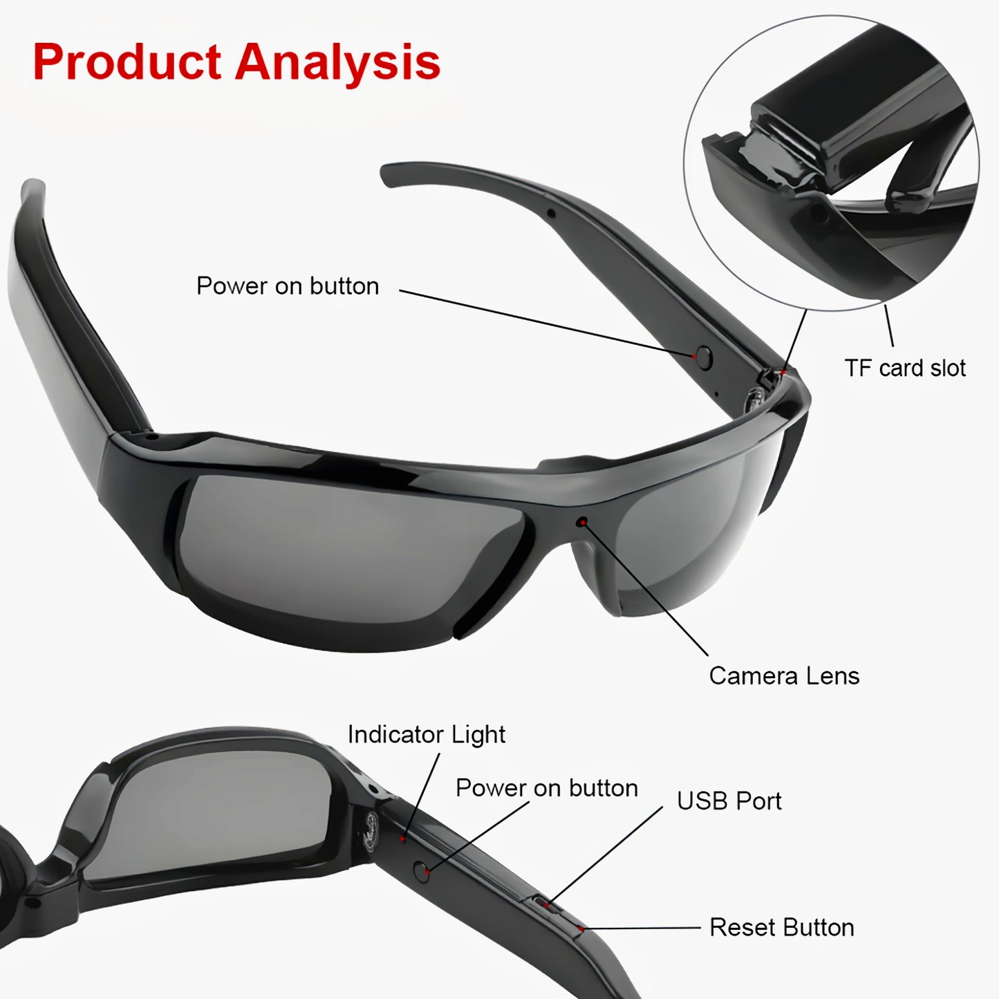 HD video glasses for sports & meetings, 1080P, 90-min battery, 75° wide angle, 64GB memory card included.