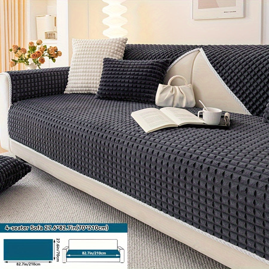 Plaid plush sofa cover with non-slip design, perfect for pets and all seasons. Suitable for various types of furniture.