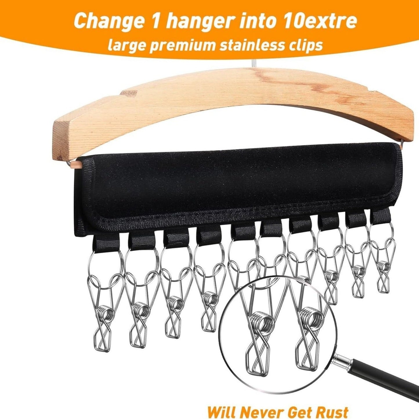 Polyester Hat Hangers - Set of 2, with 20 Stainless Steel Clips. 
This Portable Hanging Display is perfect for Winter Knit Caps, Baseball Caps, Ties, Socks, and Underwear. 
No Electricity Required, this Space-Saving Storage Solution is convenient and