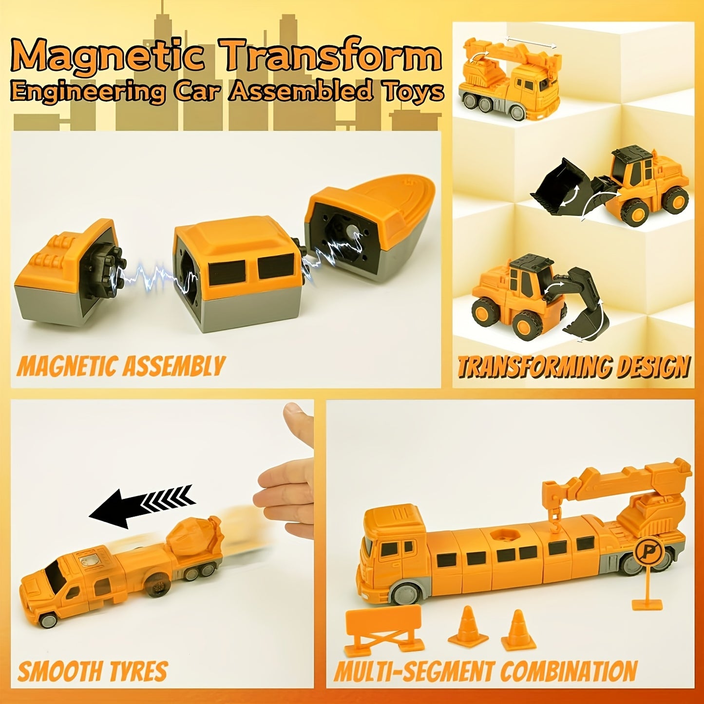 MISFANS 26/35pcs Magnetic Engineering Cars, Construction Robot Blocks, Educational Toy for Kids 3-8, Durable Plastic, Yellow