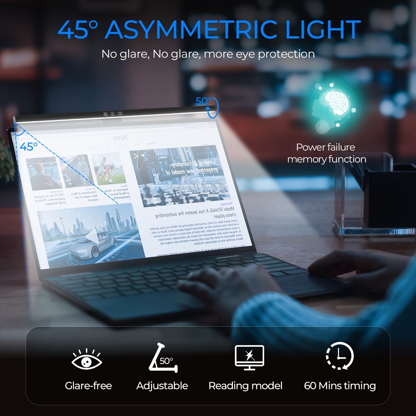 LED computer screen light with USB power supply, touch control switch, and three adjustable color temperatures suitable for home or office use.