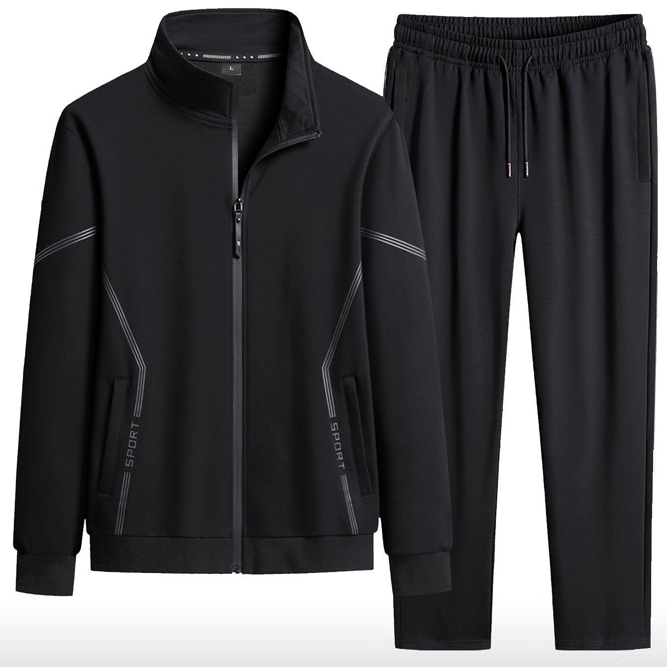 Men's casual sportswear set includes a stand collar zip-up jacket and drawstring pants made of polyester. Suitable for outdoor activities and business. Machine washable. Ideal for