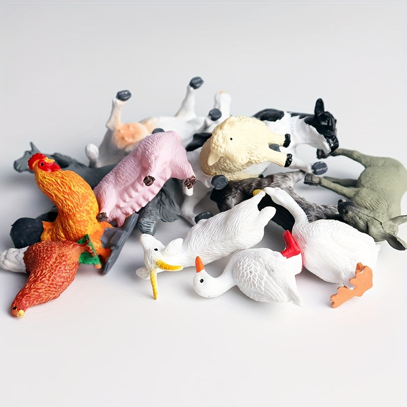 12-piece Farm Animal Figures Set for children aged 3-6, educational PVC miniature play animals featuring chickens, ducks, geese, horses, and cows for science and cognitive development.