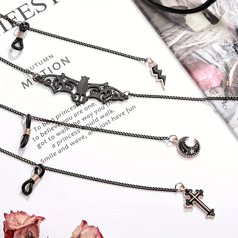 Set of 4 Gothic Black Bat Cross Moon Glasses Chains for Women and Men - Eyeglass Strap Holder Halloween Lanyards Retainer