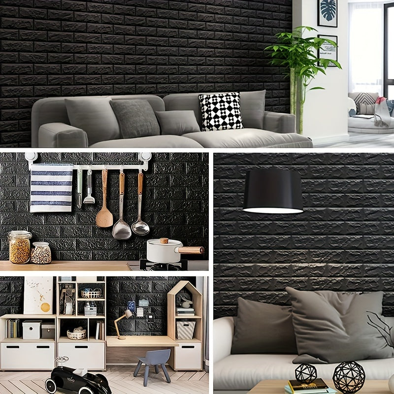 1 self-adhesive 3D foam wallpaper roll with retro brick pattern that is waterproof and oilproof, suitable for DIY furniture refurbishment in living rooms, kitchens, and bedrooms.