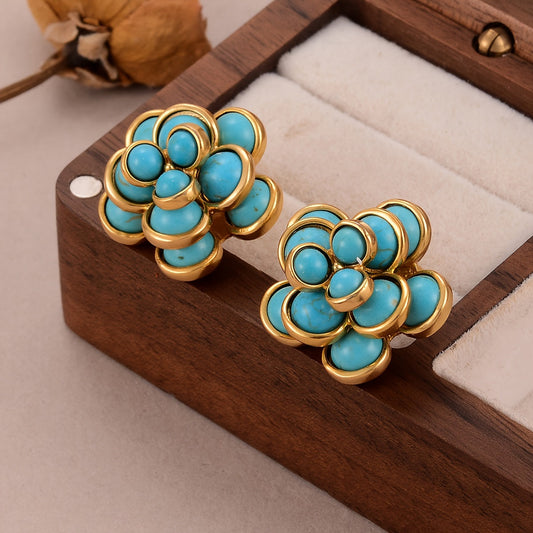 Elegant bohemian floral stud earrings featuring a vintage design, 18K plating, and turquoise mosaic detailing. These women's accessories are perfect for both daily wear and special occasions, crafted with an alloy base and silver ear needle for a