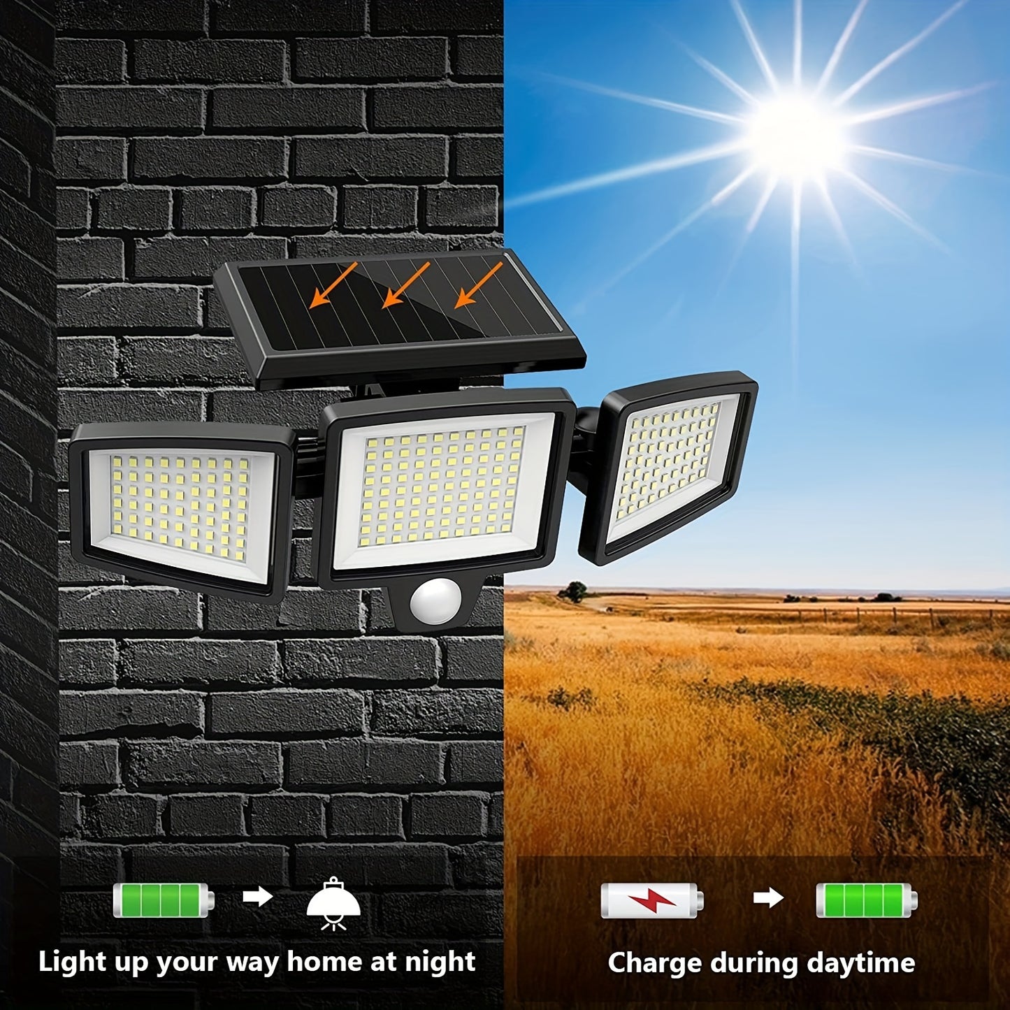 Triple head solar street light with 210 LEDs and 3 lighting modes, great for outdoor areas.