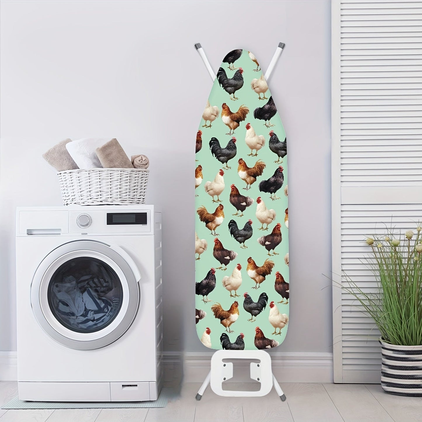 One piece of adorably designed ironing station cover featuring a cute farm rooster pattern. It is suitable for a standard ironing station measuring 38.1cm by 137.16cm. This cover is burn-resistant, stain-resistant, and easy to install. It serves as a