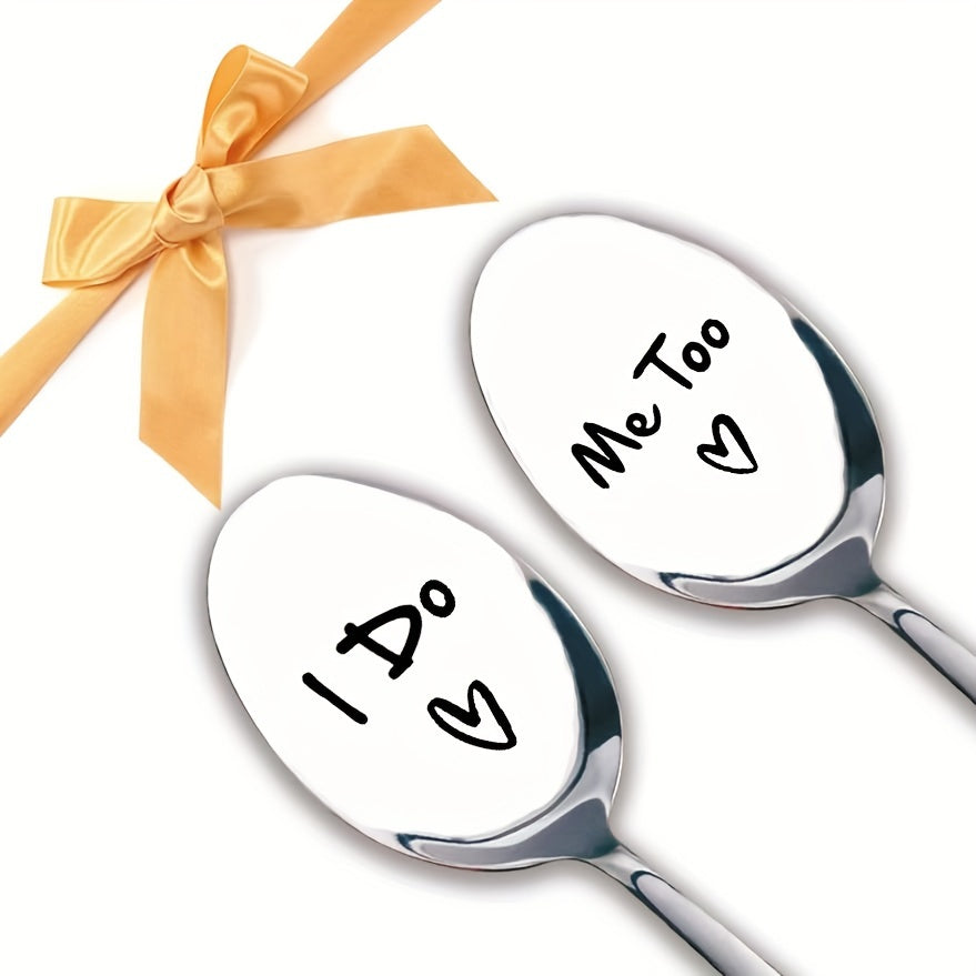 One Set of Two Stainless Steel Spoons with "I Do" and "Me Too" Engravings, Perfect for Coffee, Ice Cream, Tea, and Desserts. Ideal for Engagement, Valentine's Day, Anniversary, Wedding, or Birthday Gifts. Valentine's Day Party Supplies.