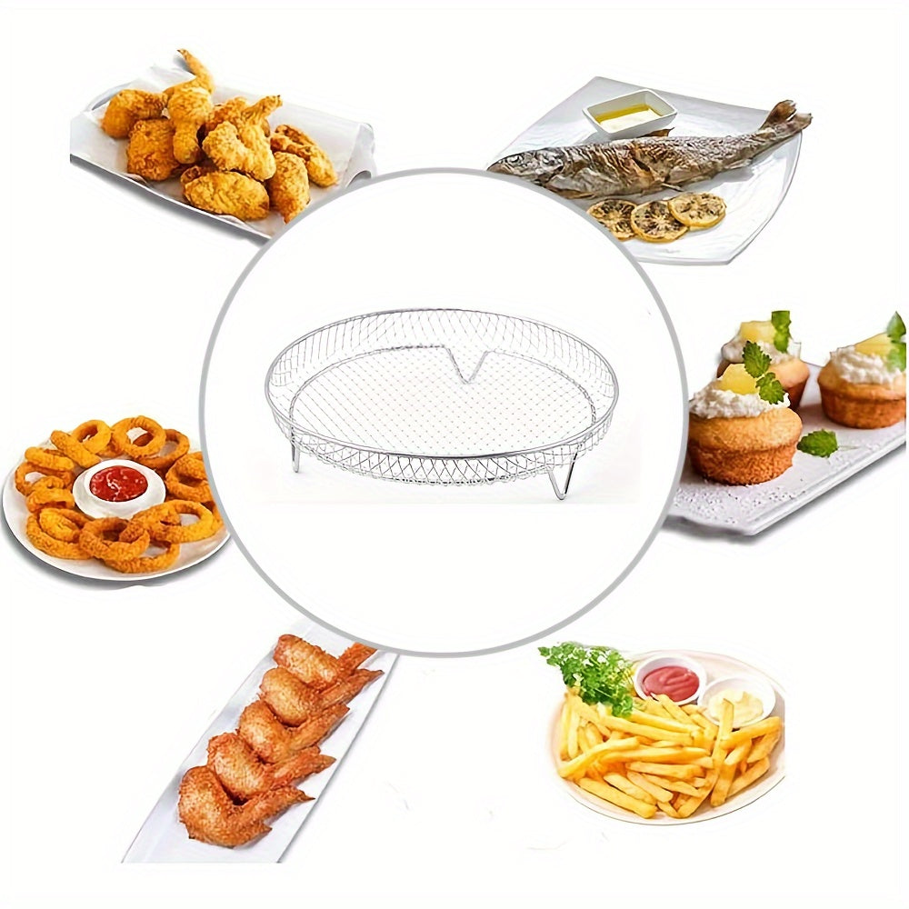 Accessory kit for air fryer made of stainless steel - includes circular grill, steam rack, dehydration stand, BBQ basket, and overflow filter.