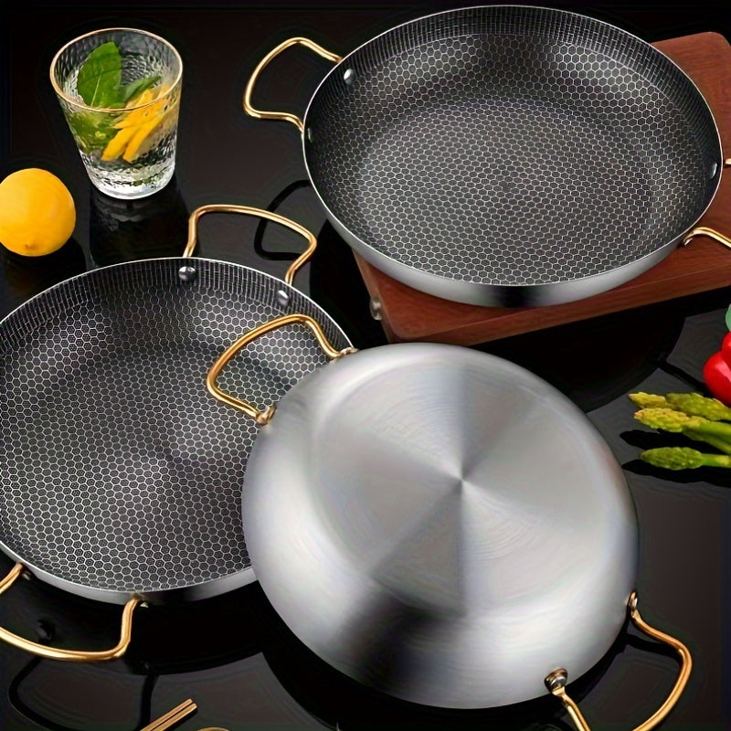 Stainless Steel Wok Pan with Honeycomb Coating, Non-Stick Chef's Pan with Golden Handles, Suitable for Gas Stovetops, No Electricity Required