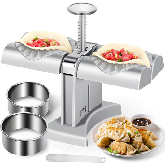 Upgrade your home kitchen with the 1pc Herobaby Automatic Double Head Dumpling Maker. This set comes with a stuffing scoop, 2 noodle cutters, and an 8.38 cm mold, making it perfect for wrapping, cutting, and pressing dough for dumplings, pastries, and