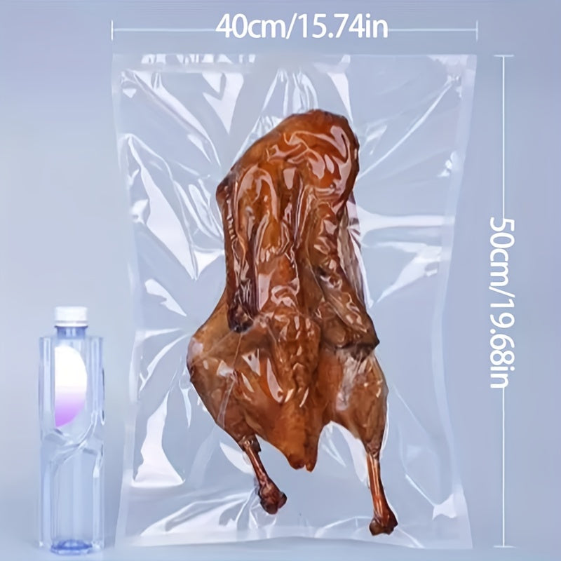 100 vacuum sealed food bags made of silk and transparent polyester nylon material. These bags are designed for vacuum compression and plastic sealing to keep food fresh. They have a glossy commercial finish.