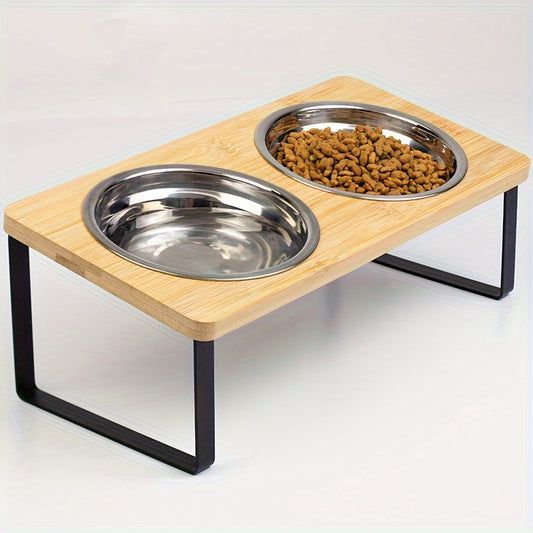 Elevated tilted cat food and water bowl set designed to prevent vomiting, with stainless steel dishes and orthopedic pet food stand for indoor cats. Easy assembly.