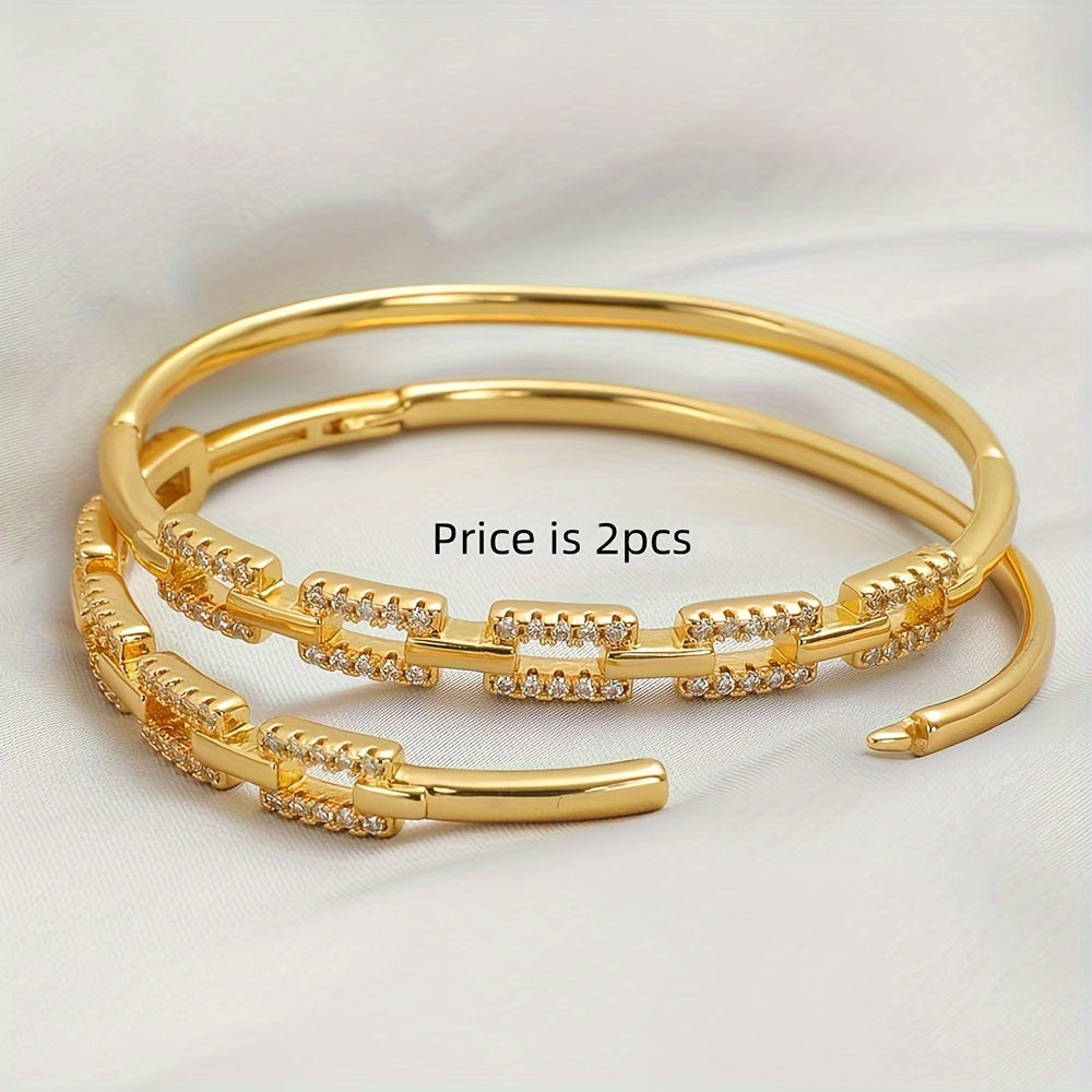 Set of 2 Elegant Bridal Cuff Bracelets with Zirconia Stones, 24K Plated Copper - Perfect for Weddings, Parties, and Valentine's Day Gifts. Versatile for All Seasons.