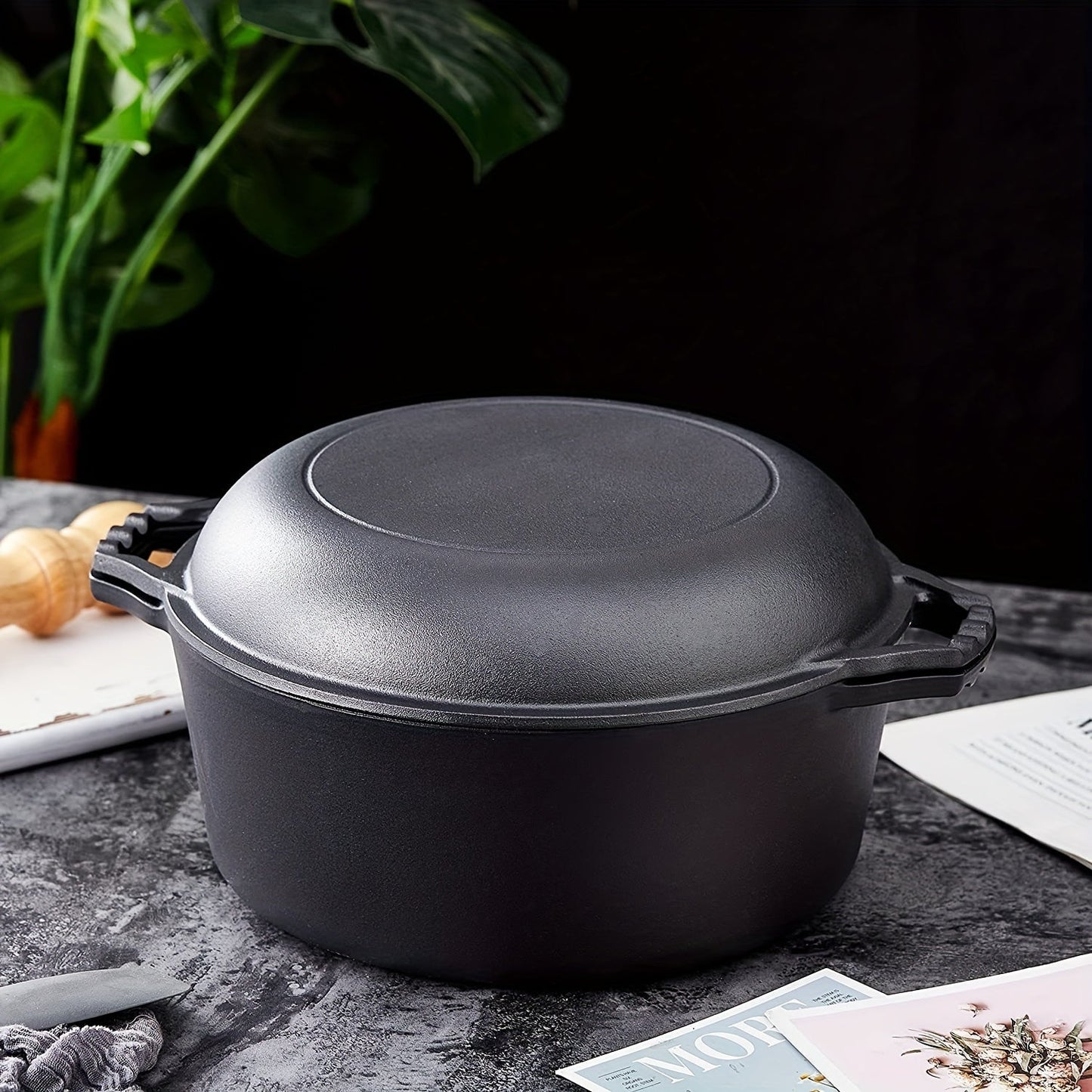 Get the ultimate 2-in-1 cooking versatility with this combo set featuring a high-quality cast iron Dutch oven and frying pan. The frying pan doubles as a lid to cover the Dutch oven, making it perfect for a variety of cooking methods including induction