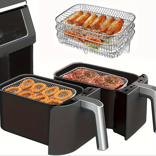 Rectangular 304 Stainless Steel Air Fryer Grill with Vegetable and Fruit Dehydrator Rack, Grilling Net, and 3 Stackable Fryer Accessories. 
Perfect for Grilling, Baking, and Cooking in the Oven. Ideal for Kitchen Baking and Dehydrating.