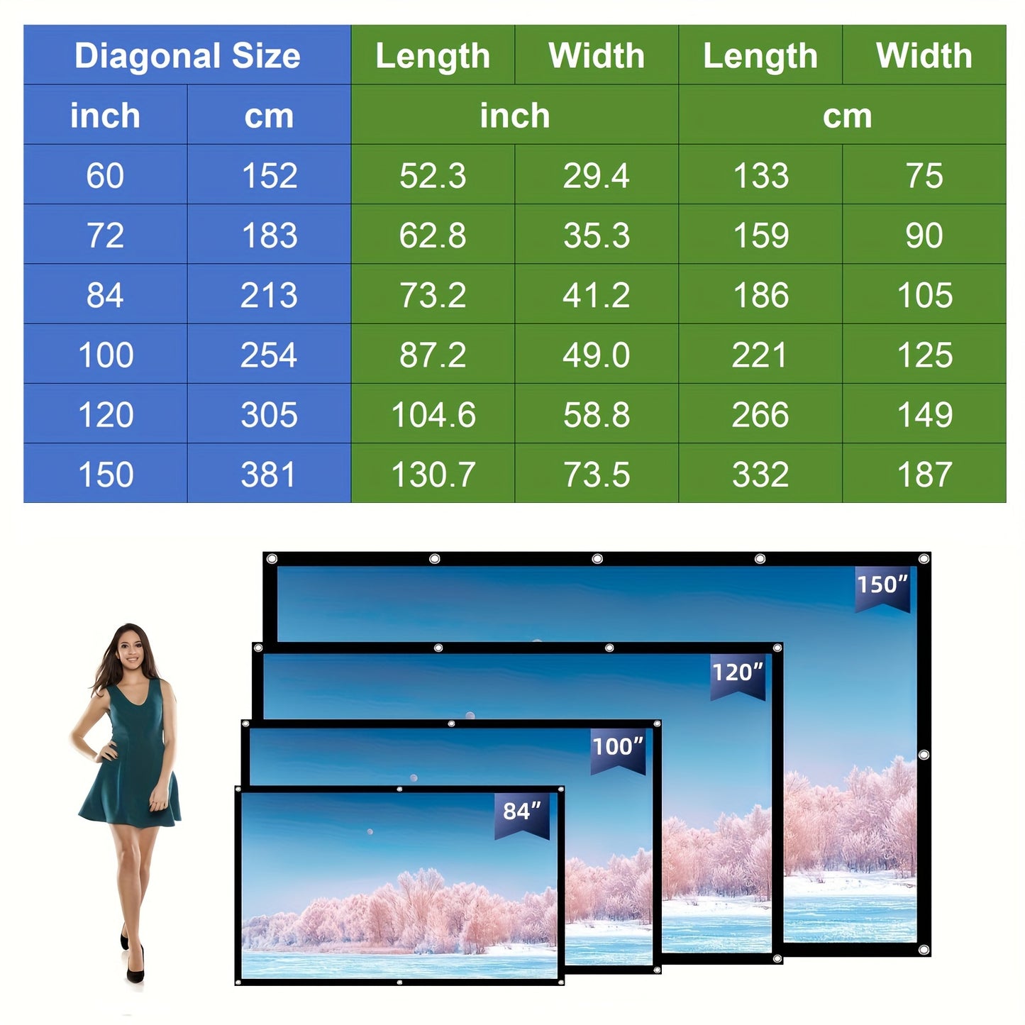 152.4cm, 182.88cm, 84in, 100in, 120in projector screen for indoor and outdoor use. Double-sided, foldable, portable, and wrinkle-resistant. Machine washable and suitable for home, party