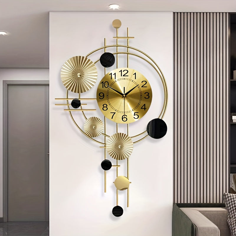 Contemporary Nordic-style wall clock with geometric design, large numbers, and digital display. Battery-powered and perfect for home decor. Iron construction.