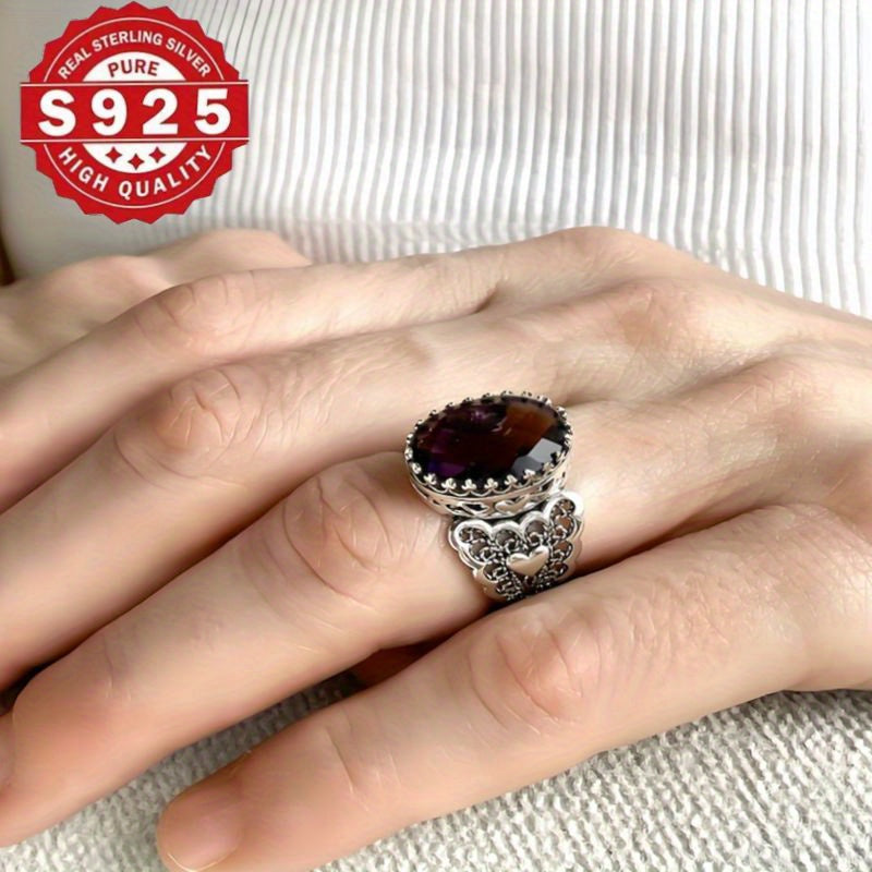 Handcrafted Filigree Art Detail 925 Sterling Silver Heart Cocktail Ring with Amethyst Gemstone, Ideal for Weddings and Parties, Durable for Everyday Wear