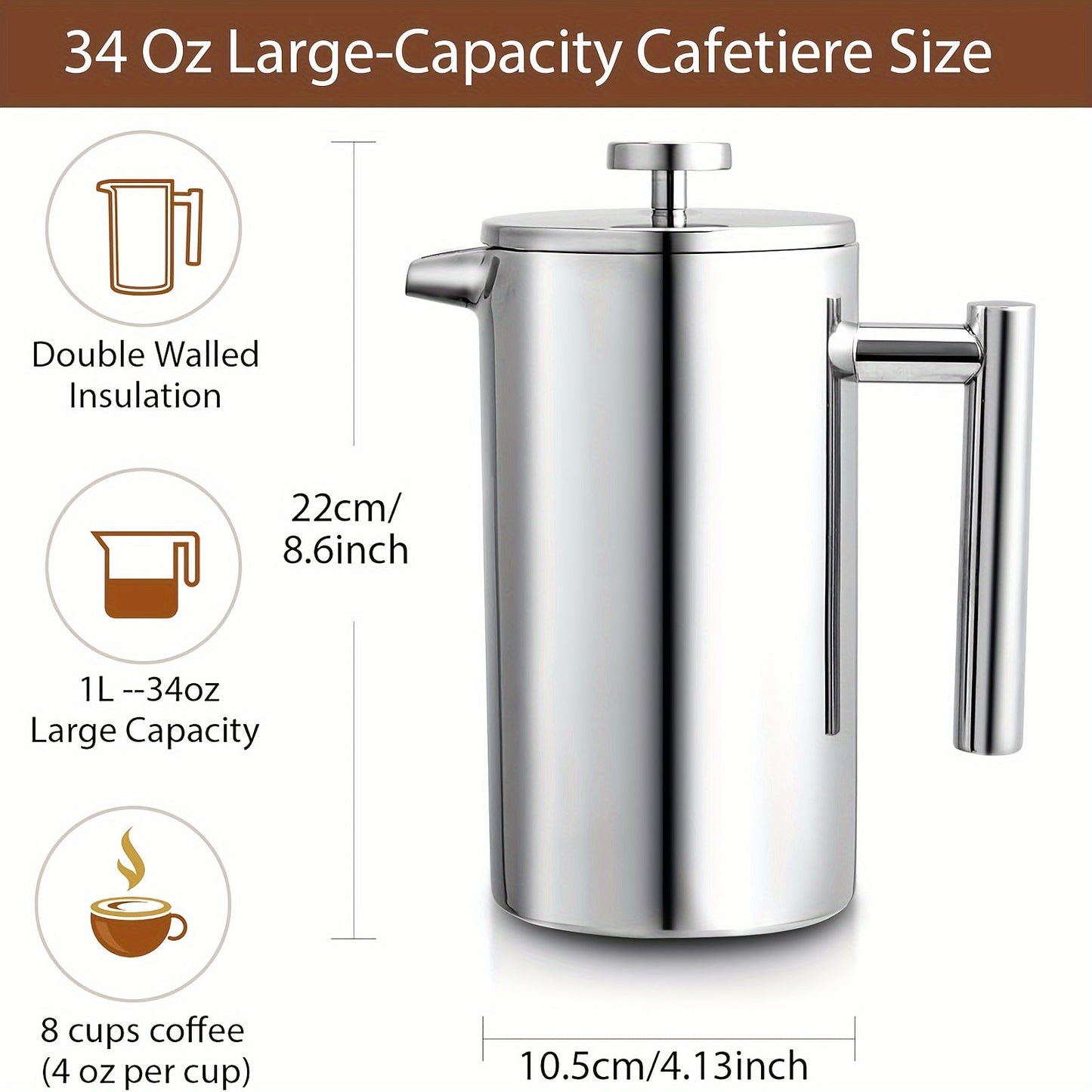 Stainless steel French press coffee pot is durable and ideal for making delicious coffee in the comfort of your home.