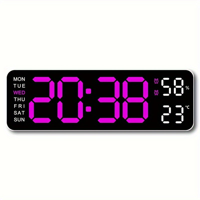 RIDAHOME LED clock with large display, temperature, humidity, and weather icons. USB powered, wall-mountable for home and office decor.